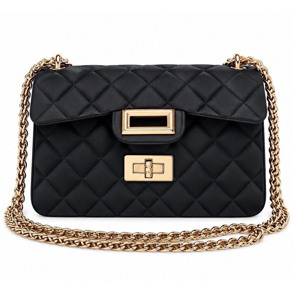 Black Quilted Leather Shoulder Bag Gold Chain Strap Turn Lock, Medium 10x6